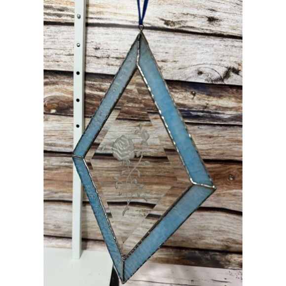 Diamond Shaped Stained Glass Hand Made Window Hanging Blue Etched Rose 11.5x7.5” - Picture 8 of 11
